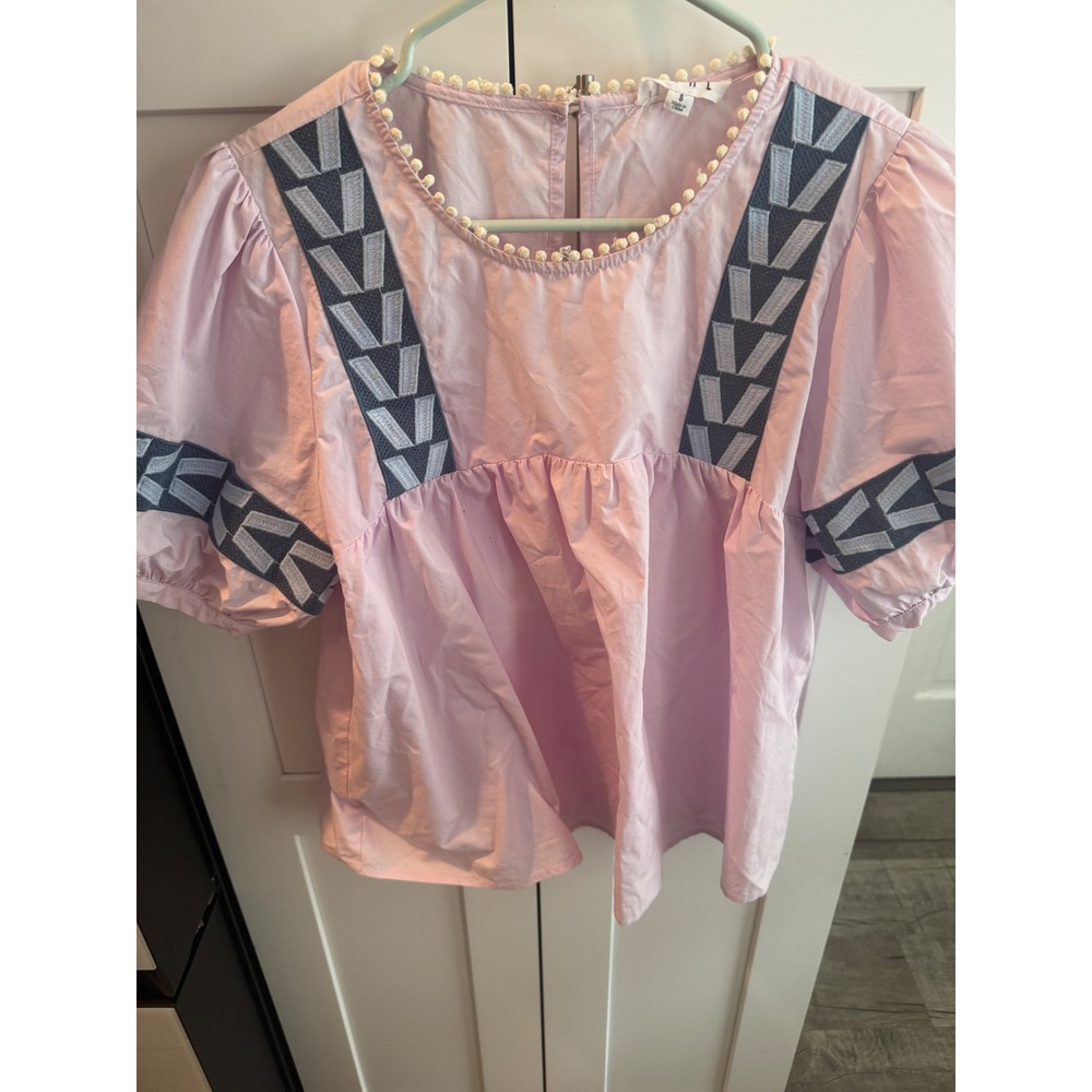 THML New York Pink Embroidered Babydoll Blouse Pom Pom Trim Puff Sleeve Small